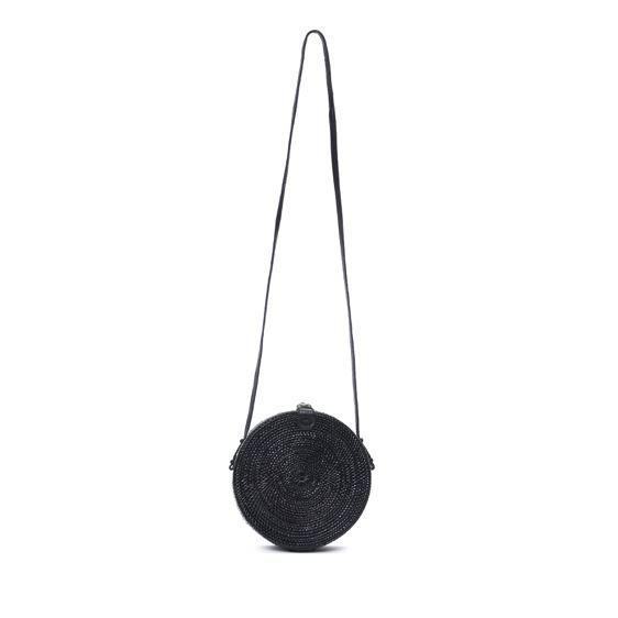 Poppy and Sage black circle rattan straw shoulder bag handmade in Bali. Front full strap photo.