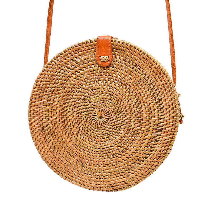 Poppy and Sage circle rattan straw shoulder bag handmade in Bali.