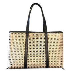 AMELIA CANE & LEATHER TOTE IN BLACK: LARGE