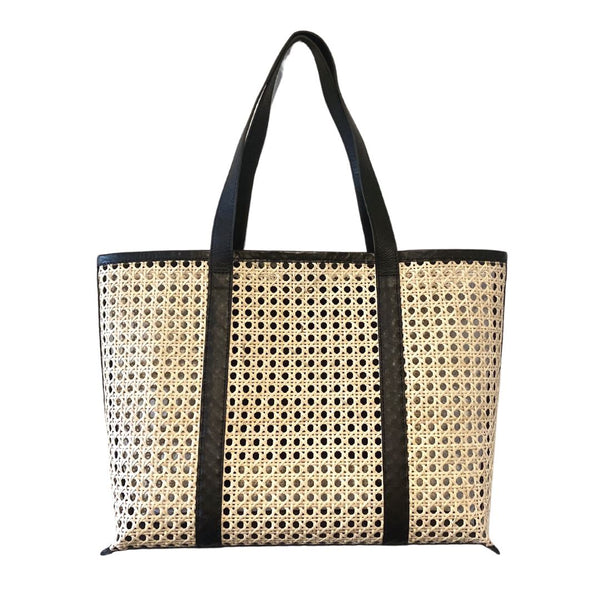 AMELIA CANE & LEATHER TOTE IN BLACK: MEDIUM