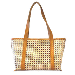 AMELIA CANE & LEATHER TOTE IN CAMEL: MINI