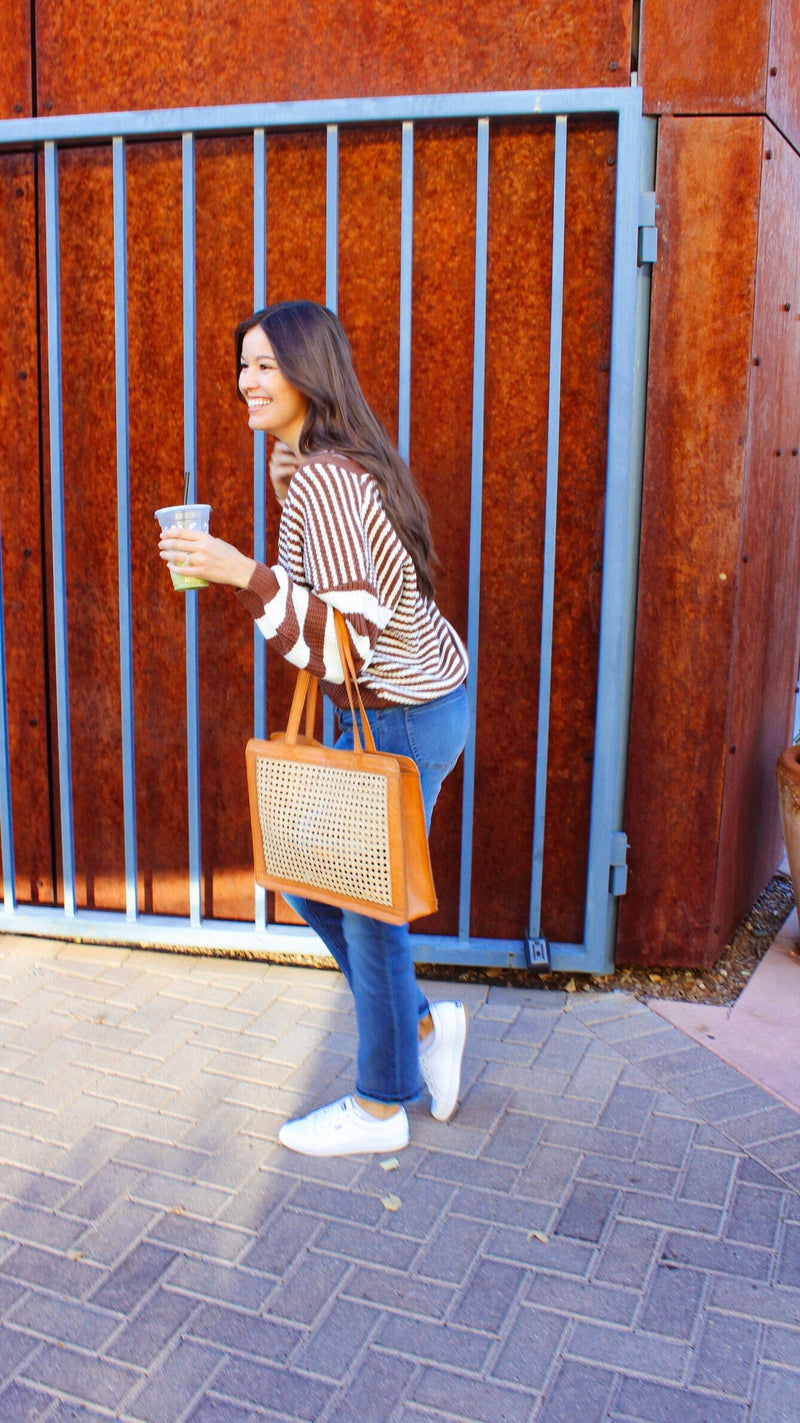 JULIETTE CANE & LEATHER TOTE IN CAMEL