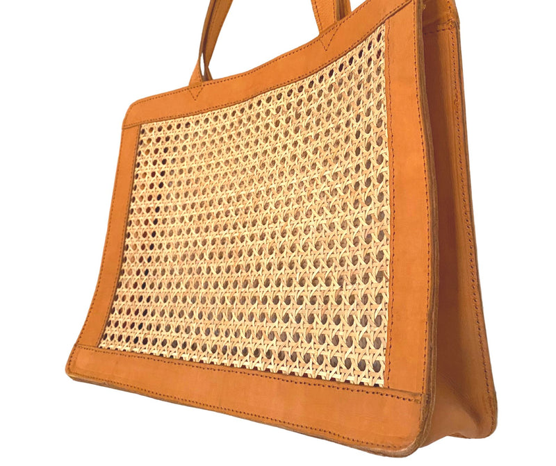 JULIETTE CANE & LEATHER TOTE IN CAMEL