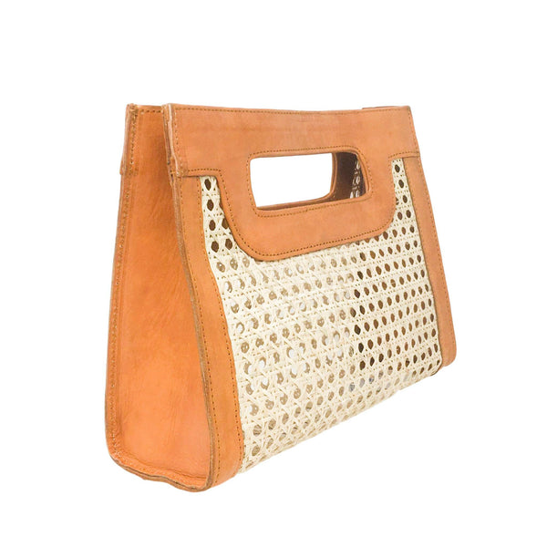 Kate Cane & Leather Clutch Bag in Camel