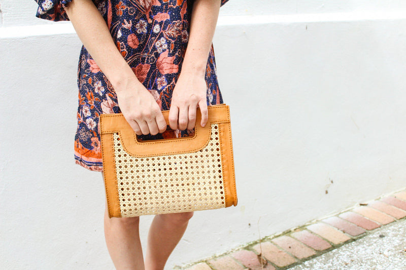 Kate Cane & Leather Clutch Bag in Camel