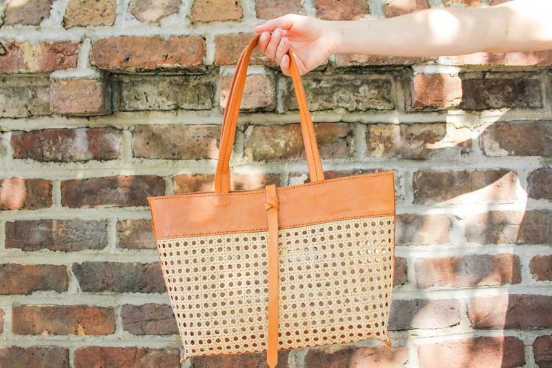 Madeline Cane and Leather Tote in Camel