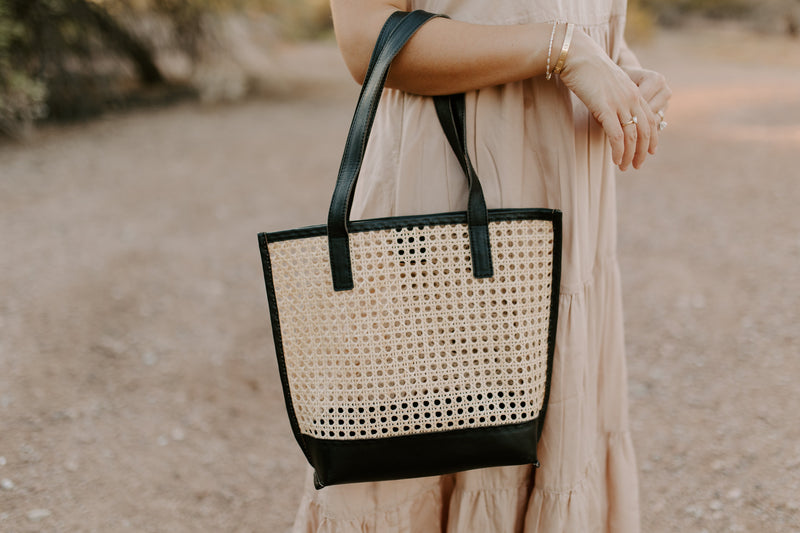 MARGARET CANE & LEATHER TOTE - BLACK