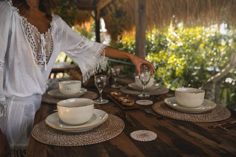 WHITE WASH RATTAN COASTER SET (Set of 6)